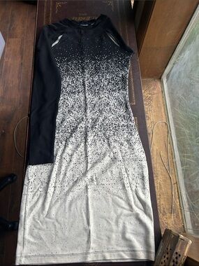 French Connection: Black and Cream Ombre Speckled Long Sleeve Dress